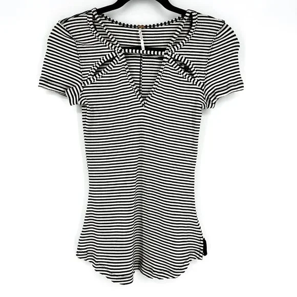 Free People Frenchie Striped Cutout Knit Tee Black/Ivory Small - Picture 2 of 8